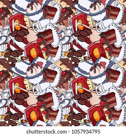 seamless pattern vector illustration background isolated pastry design, sweets cakes, tea party, tasty sweet food and drinks solid fill