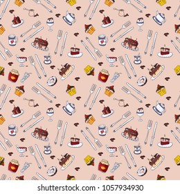 seamless pattern vector illustration background isolated pastry design, sweets cakes, tea party, tasty sweet food and drinks pink background