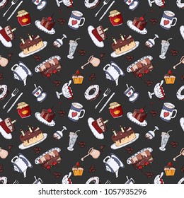 seamless pattern vector illustration background isolated pastry design, sweets cakes, tea party, tasty sweet food and drinks black background