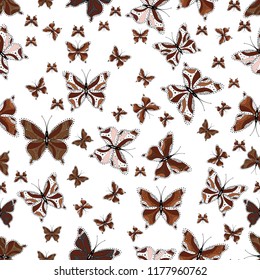 Seamless pattern. Vector illustration. Background for fabric, textile, print and invitation. Beautiful color butterflies on a white, brown and black colors.