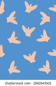 Seamless Pattern of Vector Illustration of a Birds Hand Signs Flying on a Blue Background