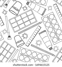 seamless pattern, vector illustration in black and white, paints and brushes for drawing, materials and tools for the artist, wallpaper for wallpaper and fabrics, wrapping paper