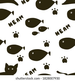 Seamless pattern. Vector illustration black fish and black cat and feet print cat and text Meaw on white soft gray background. For wrapping paper, wallpaper.