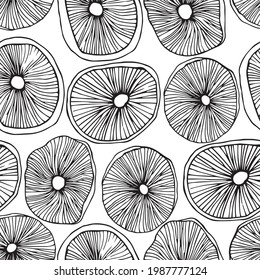 Seamless pattern. Vector illustration. Black outline sketch. Doodle drawing of mushrooms. 