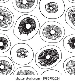 Seamless pattern. Vector illustration. Black outline sketch. Doodle drawing of mushrooms. 