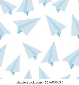 Patrón transparente, fа última ilustración vectorial con aviones de papel azul. Aislado sobre fondo blanco. Impresión para productos para bebés, escuelas y estudiantes. Muchos aviones