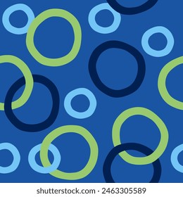 Seamless pattern, vector illustration. Blue, dark deep blue, green. Rings, chains, irregular shapes, hand-drawn lines. Navy theme, bubble, soap bubbles, print for fabric. Texture patterns.