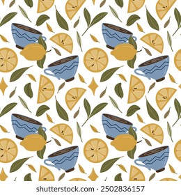 Seamless pattern with vector illustration of a blue cup with a yellow lemon and green leaves. The simple, flat design is perfect for tea-themed artwork or cozy autumn graphics