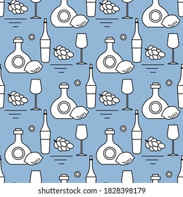 Seamless pattern Vector illustration Bottles of alcoholic beverage, grapes, lemon, wineglass. Liquor store, bar Alcohol drinks market concept Barman Wine, cognac, liquor, brandy Design for menu, print