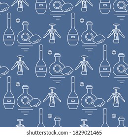 Seamless pattern Vector illustration Bottles of alcoholic beverage, corkscrew. Liquor store, bar. Alcohol drinks market concept. Alcohol Element for Barman. Wine, liquor. Design for menu, web, print
