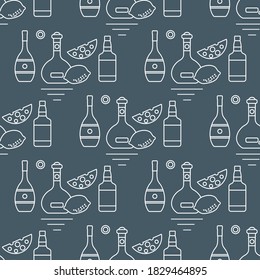Seamless pattern Vector illustration Bottles of alcoholic beverage, cheese, lemon. Liquor store, bar. Alcohol drinks market concept. Barman Wine, cognac, liquor, whiskey, brandy Design for menu, print