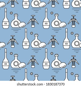 Seamless pattern Vector illustration Bottles of alcoholic beverage, corkscrew. Liquor store, bar. Alcohol drinks market concept. Alcohol Element for Barman. Wine, liquor. Design for menu, web, print