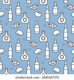 Nahtlose Muster Vektor-Illustration Flaschen alkoholischer Getränke, Weintrauben, Zitrone, Weinglas. Liquor Store, Bar Alkohol Getränke Markt Konzept Barman Wine, Cognac, Liköre, Brandy Design für Menü, Druck