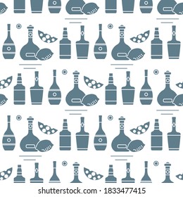 Seamless pattern Vector illustration Bottles of alcoholic beverage, cheese, lemon. Liquor store, bar. Alcohol drinks market concept. Barman Wine, cognac, liquor, whiskey, brandy Design for menu, print