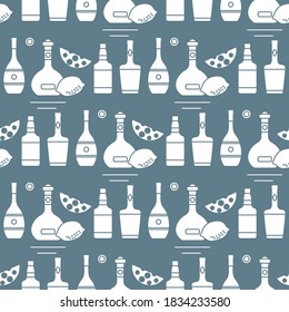 Seamless pattern Vector illustration Bottles of alcoholic beverage, cheese, lemon. Liquor store, bar. Alcohol drinks market concept. Barman Wine, cognac, liquor, whiskey, brandy Design for menu, print