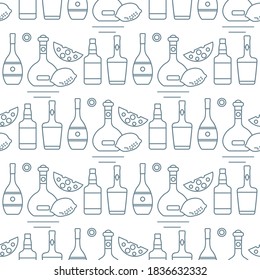 Seamless pattern Vector illustration Bottles of alcoholic beverage, cheese, lemon. Liquor store, bar. Alcohol drinks market concept. Barman Wine, cognac, liquor, whiskey, brandy Design for menu, print