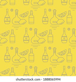 Seamless pattern Vector illustration Bottles of alcoholic beverage, cheese, lemon. Liquor store, bar. Alcohol drinks market concept. Barman Wine, cognac, Illuminating and Ultimate Gray.