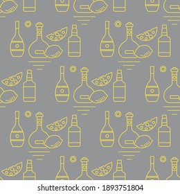 Seamless pattern Vector illustration Bottles of alcoholic beverage, cheese, lemon. Liquor store, bar. Alcohol drinks market concept. Barman Wine, cognac, liquor, Illuminating and Ultimate Gray.