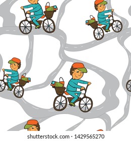 Seamless pattern, vector illustration. Boy riding a bike on the tracks, cartoon colorful vector illustration.