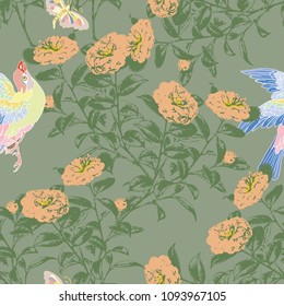 Seamless pattern vector illustration of camellia japonica  branches with pink flowers , bird and butterflies