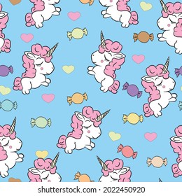 Seamless pattern ,Vector illustration, candy, heart, cartoon unicorn,  Pony