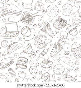 Seamless pattern of Vector illustration Cartoon style. Fast food objects. This collection include hamburger, snack, burger, french fries, barbecue, drinks and other items. 