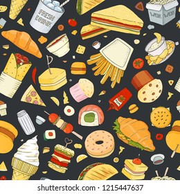 Seamless pattern of Vector illustration Cartoon style. Fast food objects. This collection include hamburger, snack, burger, french fries, barbecue, drinks and other items.