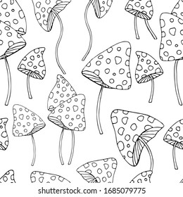 seamless pattern, vector illustration, cartoon style pattern, fly agaric in black and white colors, wallpaper and fabric ornament, wrapping paper
