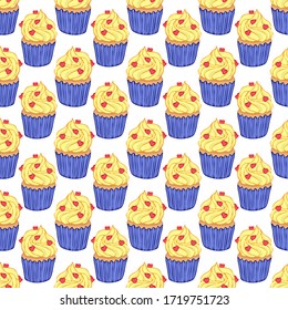seamless pattern, vector illustration in cartoon style, cupcake, sweets, cake piece, in bright colors, wallpaper and fabric ornament, wrapping paper, background