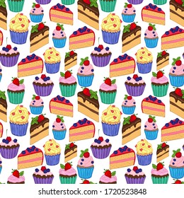 seamless pattern, vector illustration in cartoon style, cupcake, sweets, cake piece, in bright colors, wallpaper and fabric ornament, wrapping paper, background