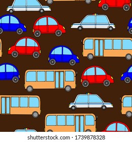 seamless pattern, vector illustration in cartoon style in bright color, background with cars, ornament for wallpaper and fabrics