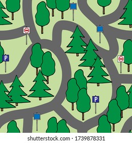 seamless pattern, vector illustration in cartoon style in bright color, background with roads, cars, ornament for wallpaper and fabrics