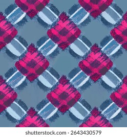 Seamless pattern, vector illustration, checkered plaid squares in shades of blue and fuchsia, grunge lines ikat pattern, ikat seamless pattern, Vector illustration background for print the paper.