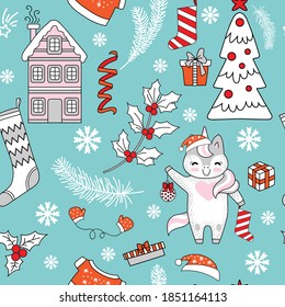 Seamless pattern vector illustration. Christmas tree, unicorn, gifts, snowflakes and Christmas elements isolated on turquoise background. For decor,design,congratulation cards, design cushion, print.
