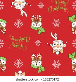 Seamless pattern vector illustration. Christmas cute deer,fox heads, lettering Merry Christmas and snowflakes isolated on red background. For decor,design,congratulation cards, design cushion, print.