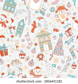 Ilustración vectorial de patrón sin inconvenientes. Caracteres lindos de Navidad, casas, copos de nieve y elementos de Navidad aislados en fondo blanco. Para decoración, diseño, tarjetas de felicitación, cojín de diseño, impresión.