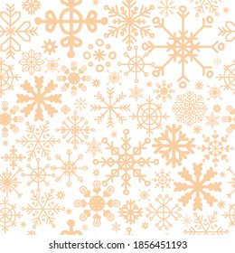 Seamless pattern vector illustration. Christmas snowflakes pale orange color isolated on white background. For wallpaper, decor, design, congratulation cards, design cushion, print.