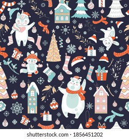 Seamless pattern vector illustration. Christmas cute characters, snowflakes and Christmas elements isolated on navy color background. For decor,design,congratulation cards, design cushion, print.