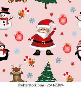 Seamless pattern vector and illustration of Christmas, New year and Winter concept with cute hand drawing Santa claus, Snowman, penguin, reindeer, Christmas tree on pink background