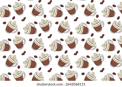 Seamless pattern vector illustration coffee cup with whipped cream, coffee beans