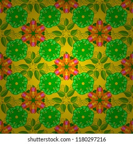 Seamless pattern. Vector illustration. Colorful ornamental border. Floral wallpaper. On green, yellow and orange colors. Indian ornament.