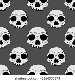Seamless pattern vector illustration. Comics skulls on a  gray background.
