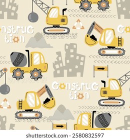 Seamless pattern vector illustration of construction vehicles cartoon at working