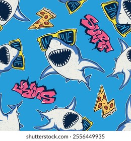 Seamless pattern vector illustration of a cool shark wearing sunglasses, holding a slice of pizza, and surrounded by palm trees. Bold graffiti-style "SURF" text completes the fun summer beach vibe.