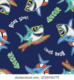 Seamless pattern vector illustration of a cool shark wearing sunglasses, holding a slice of pizza, and surrounded by palm trees. Bold graffiti-style "SURF" text completes the fun summer beach vibe.