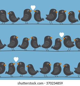 Seamless pattern. Vector illustration of a couple of birds sitting in a crowd on wires