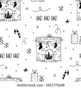 Seamless pattern vector illustration. Cozy Rustic Merry Christmas fireplace mantle pattern and themed imagery. Scandinavian print - Happy new year in doodle style.