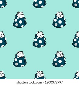 Seamless pattern, vector illustration of cute lazy polar bear cartoon character wrapped by green blanket on light blue background.