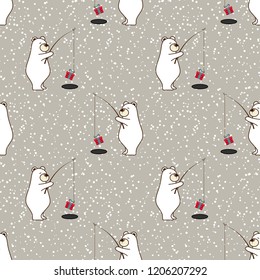 Seamless pattern, vector illustration of cute polar bear cartoon character carry fishing rod with red gift box on ice hole on grey background with white dots.