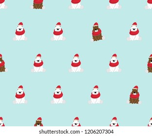 Seamless pattern, vector illustration of cute bear cartoon character sitting, wearing red scarf and hat on light green background.
